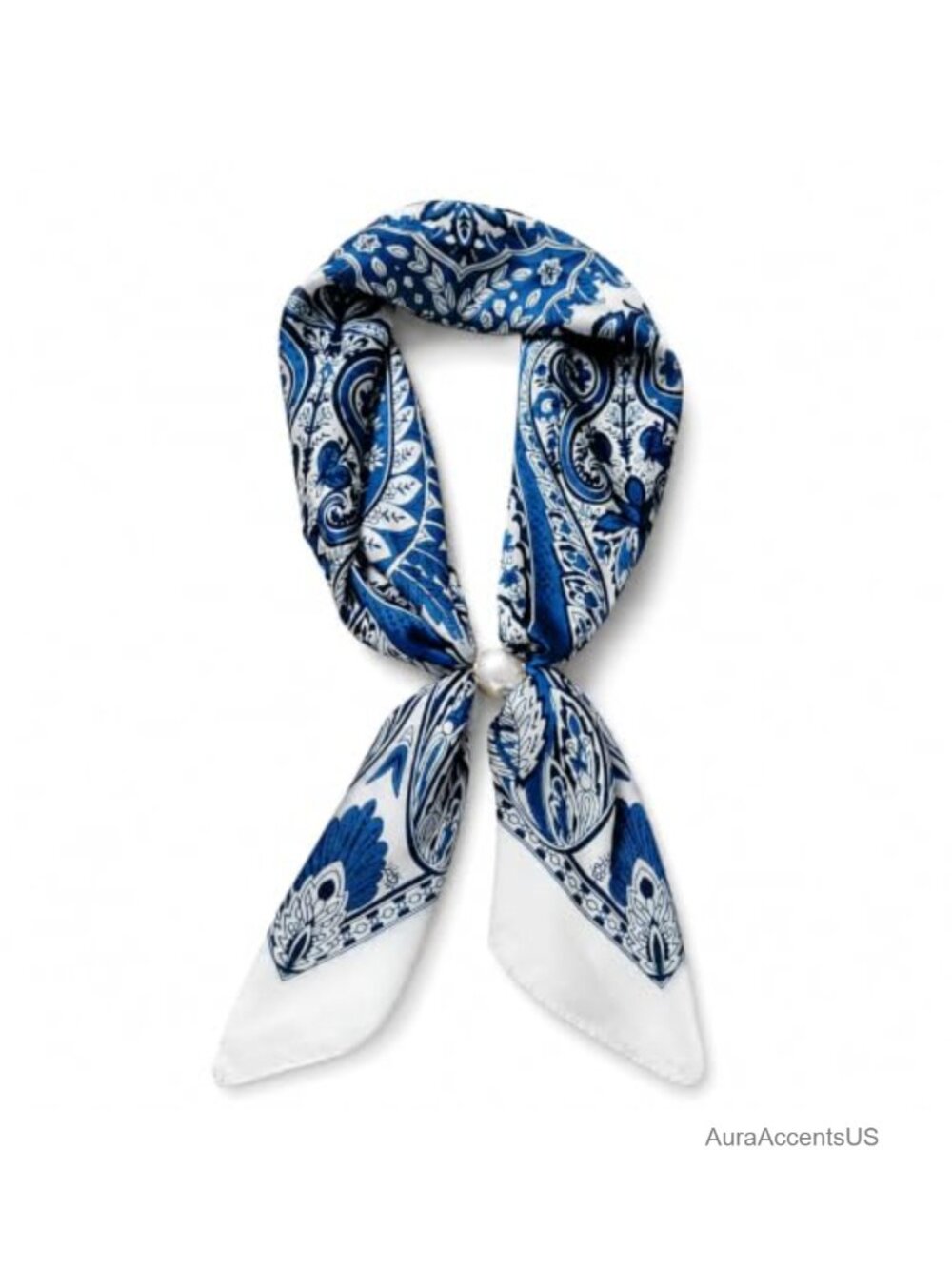 Satin Magnetic Pearl Neck Scarf Retro Floral Print Square Scarf Women's